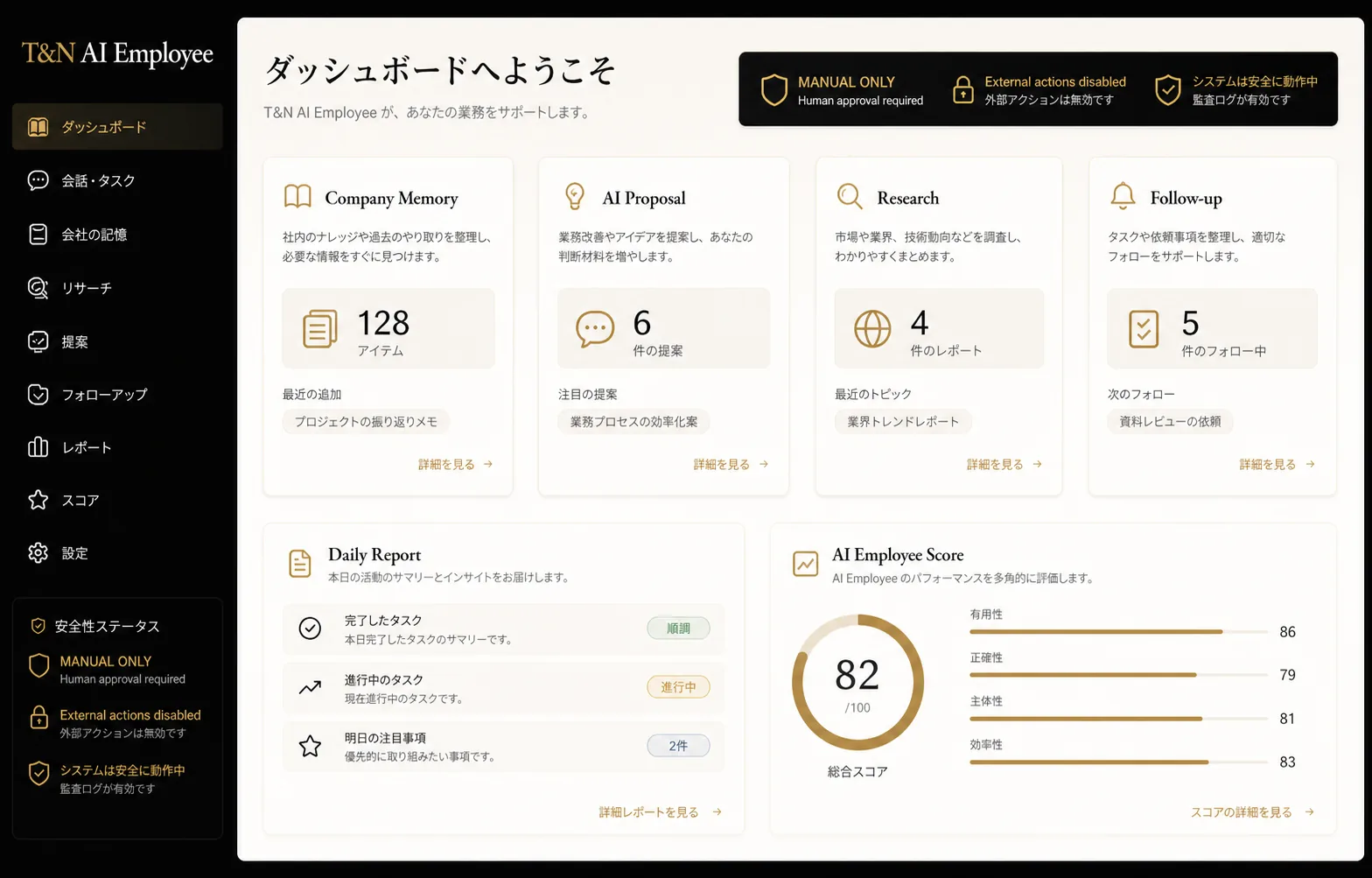 T&N AI Employeeの公開用サンプルダッシュボード。Company Memory、AI Proposal、Research、Follow-up、Daily Report、AI Employee Scoreを表示